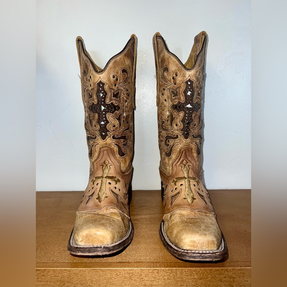Corral LD Antique Saddle Metal Cross Square Toe Cowboy Boots C1167 SZ 8 1/2
